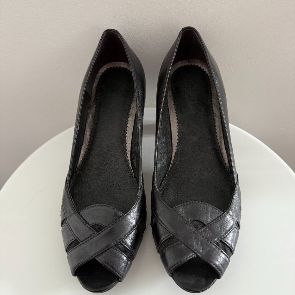 Clarks - Black - Leather Kitten Heels with Peep Toe - Size 8